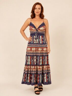 Veronica Beard 100% Cotton Printed Maxi Dress Boho Tie-Front S